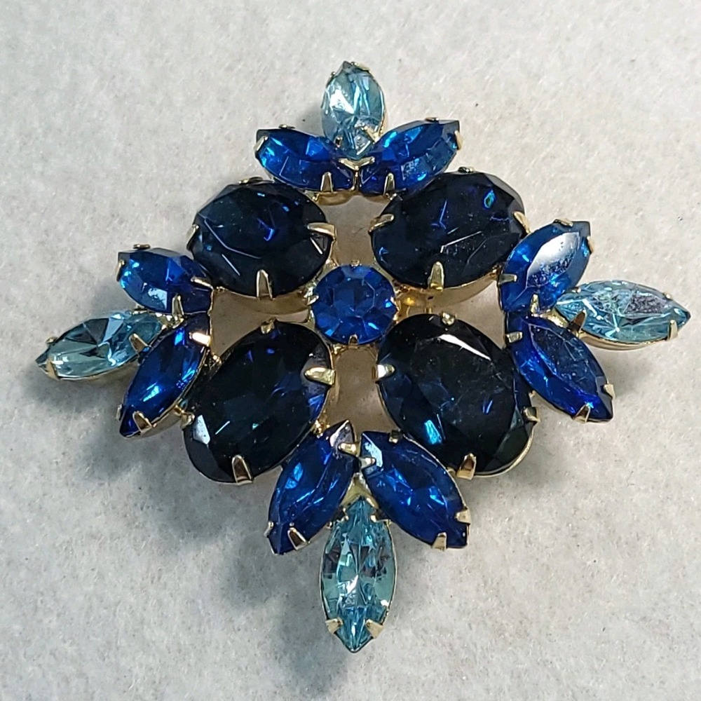 Vintage Blue Rhinestone Cluster Brooch Sapphire Aqua Navette Gold Tone Statement